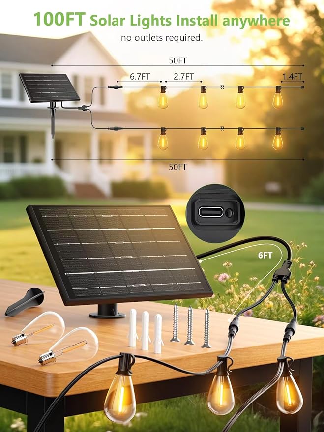 luckystyle 100FT Solar String Lights Outdoor Waterproof 2200K with Remote & USB Charging, 36+2 LED Shatterproof Bulbs, Dimmable & Timable, 3 Light Modes, Long Last for Garden,Patio, Backyard, Camping