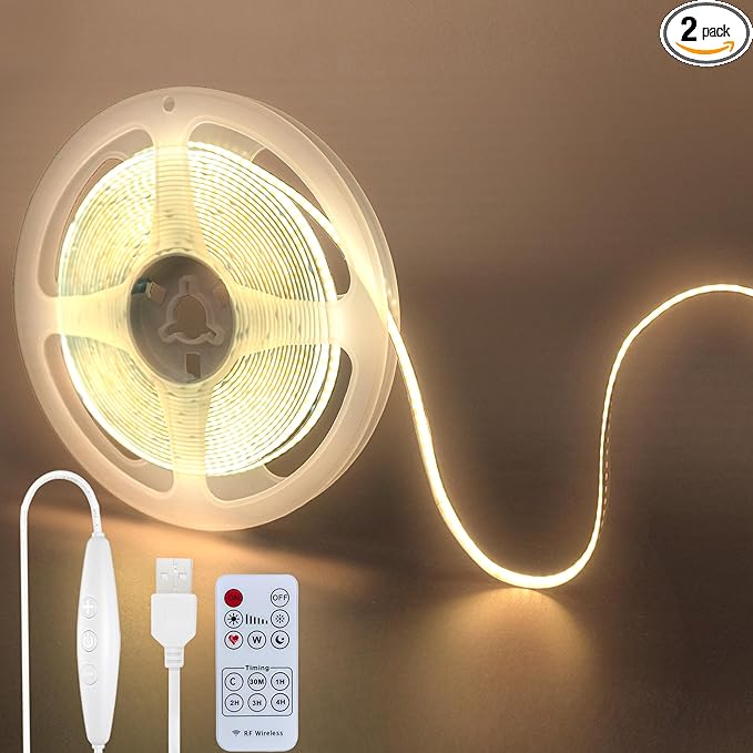 5V USB COB LED Strip Lights with Remote Dimmable Switch 2packs,16.4FT/5M,Warm White 3000K,320LEDs/M,8mm Width,Not Waterproof IP20,1.5M USB Switch Cable,for DIY Home Indoor Decoration