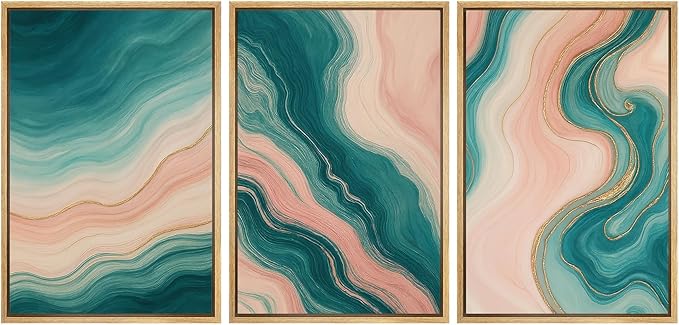 wall26 Framed Canvas Print Wall Art Set Flowing Teal and Blush Marble-Inspired Abstract Illustrations Modern Art Decorative Multicolor for Living Room, Bedroom, Office - 24"x36"x3 NATURAL