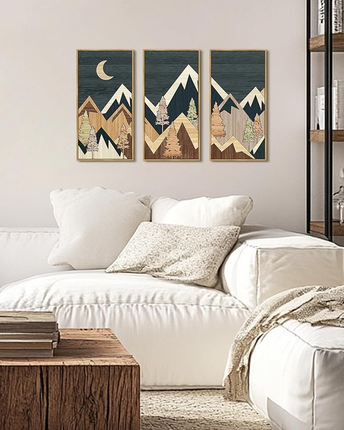 KUVIOKE Wooden Mountains Range Landscape Wall Art Framed Tree Nature Wall Decor Moon Rises Prints Bedroom Living Room Ready to Hang 8x16in3pcs Natural Framed
