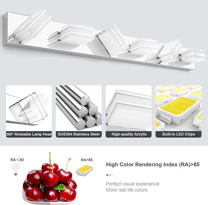 3 Color Temperature Dimmable Vanity Lights for Bathroom, LED Chrome 6 Light Vanity Lighting Fixtures, Acrylic Stainless Steel Square Shade Bathroom Light Fixtures over Mirror, ETL Certificated