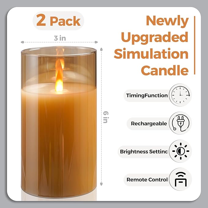2 - Pack 6" Golden Rechargeable Flameless Pillar Candles with Remote & Timers，USB-Rechargeable Realistic Flickering Candles Real Wax - Ideal for Wedding & Festival Home Decoration