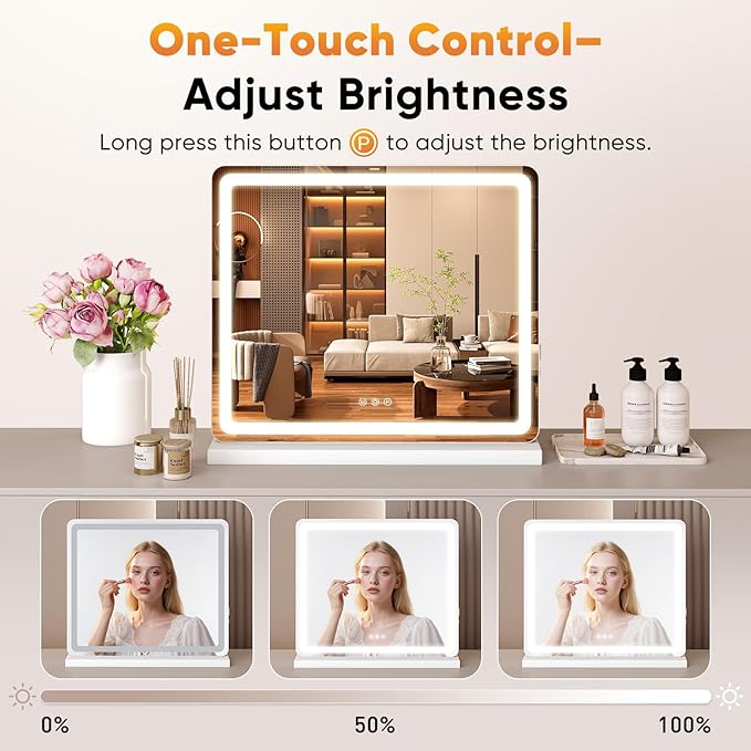 NEWBULIG 20"x22" LED Vanity Mirror with Lights, Lighted Smart Tabletop Makeup Mirrors for Desk, Touch Control Dimmable Brightness, 3 Color Lighting Modes