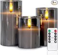 5plots Flameless Battery Operated Candles Set of 3, Gray LED Candles with Remote Timer, Real Wax Glass Pillar Candles Warm Flickering Light for Indoor Home, Halloween, Christmas Decor D3 x H4 5" 6"