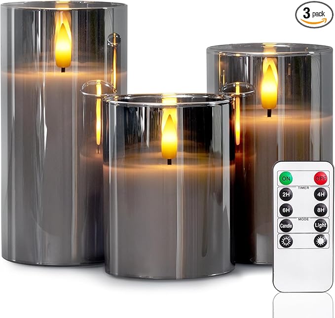 5plots Flameless Battery Operated Candles Set of 3, Gray LED Candles with Remote Timer, Real Wax Glass Pillar Candles Warm Flickering Light for Indoor Home, Halloween, Christmas Decor D3 x H4 5" 6"