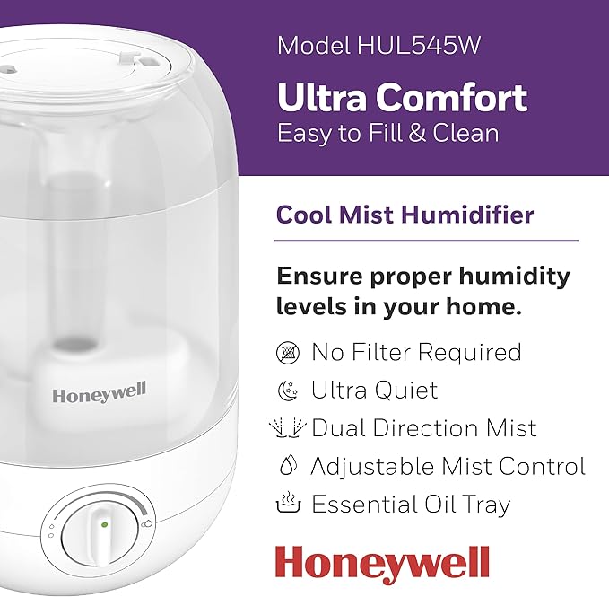 Honeywell Ultra Comfort Cool Mist Humidifier, 1 Gal Tank, No Filter, Easy to Fill and Clean, Cleaning Brush Included, Ultra Quiet, Use With Essential Oils, White, HUL545W