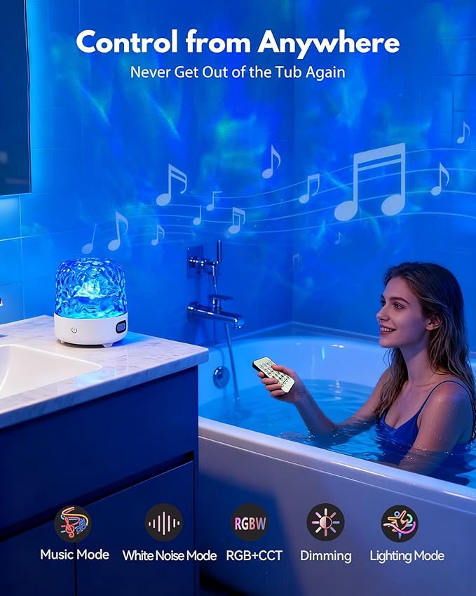 Shower Light with Bluetooth Speaker, Waterproof Shower Lamp with White Noise, 16 Colors Ocean Wave Projector Light with Remote & Touch Control, Music Lamps for Inside Shower Bathroom Bathtub