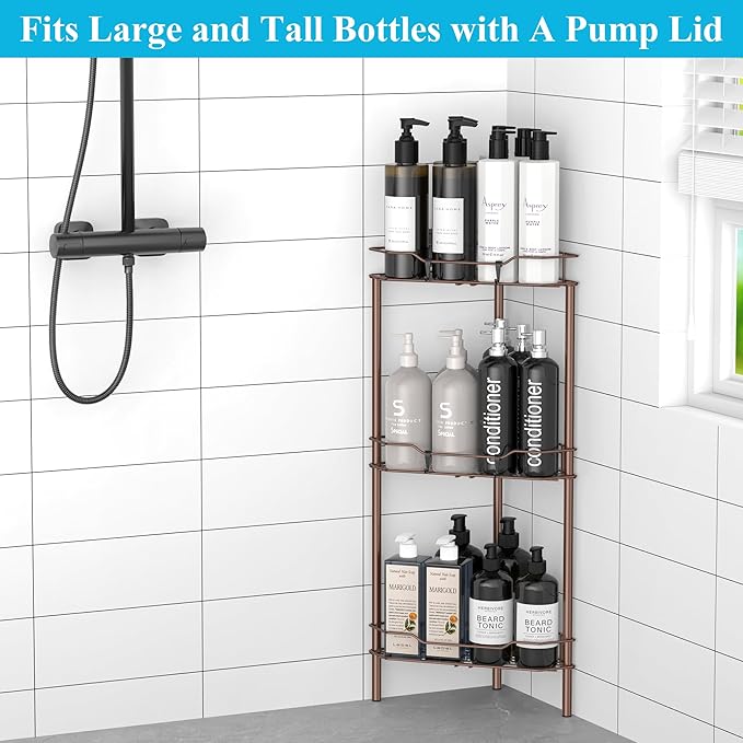 HuggieGems 3 Tier Floor Standing Corner Shower Caddy Organizer Shelf with Hooks, Bathroom Shelves Stand Rack, Coffee