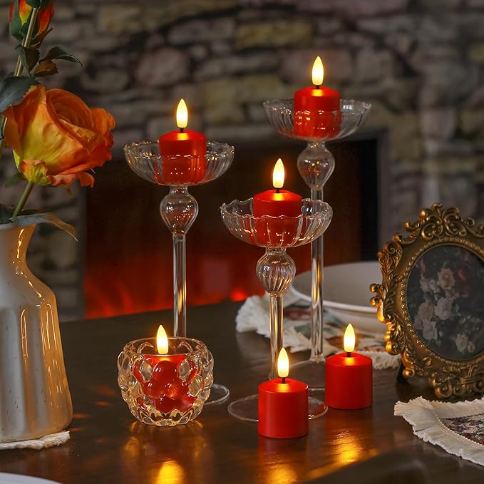 Rechargeable Small Flameless Tea Light Candles with Remote Function, LED Votive 2/4/6/8 Hours Timer Red 1.5" x2.5" Mini Plastic Set of 6 Tealight (Charging Cable Included)