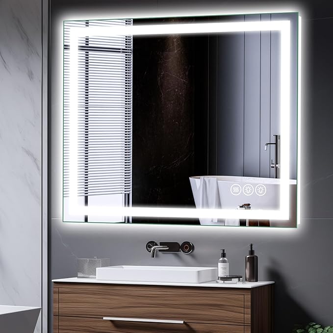 Led Bathroom Mirror with Light 48"x40" Frameless Lighted Vanity Mirror Wall Mount, Fogless, 3 Color Mode, Stepless Dimmable Front Light and Backlit, Smart Touch Sensor, Tempered Glass