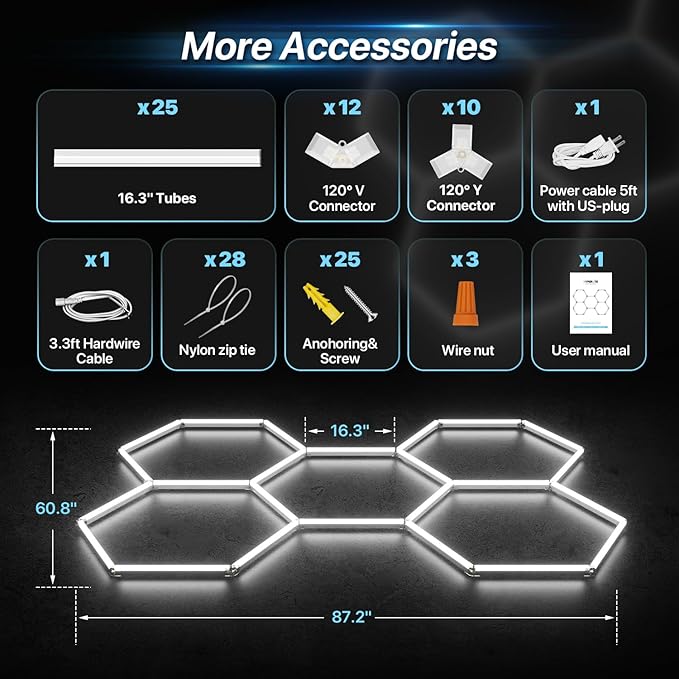 HYPERLITE Gen 2 Hexagon Garage LED Light, Upgraded 3 Level Dimmable 168W 16800LM Super Bright Garage Detailing Lights, 5 Grids Hex Shop Light, Hexagon LED Lights for Basement, Car Wash, Gym, Shop
