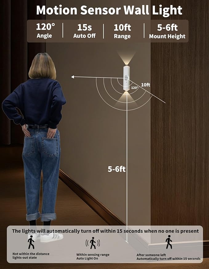 Motion Sensor Wall Lamp - Smart Indoor Night Light Wall Light, Stair Light Rechargeable Sensor Bathroom Light for Bathroom, Bedroom, Living Room, and Courtyard(White, 3 Colors)