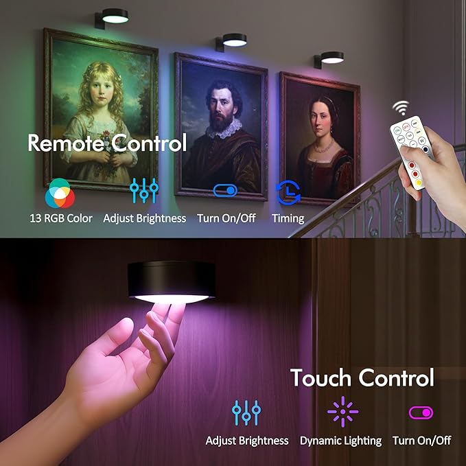 3Pack Picture Lights for Wall, RGB Color Changing Led Art Display Light with Rechargeable Battery Operated, Magnetic Painting Light with Remote Control, Wireless Home Wall Decorative Lighting, Black