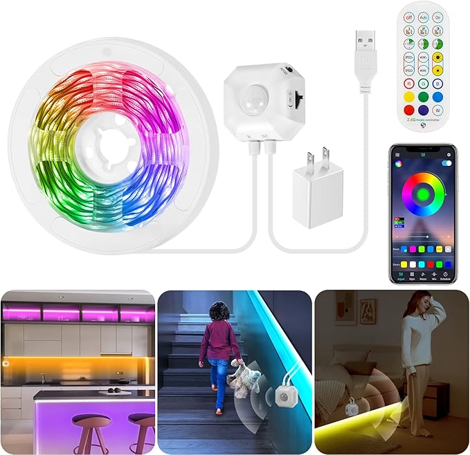 HOUHUI 9.8Ft RGB LED Strip Lights, Motion Sensor Under Bed Lights, Indoor Usage, USB Powered, 3 Modes, App Control, RF Remote, SMD5050, for Bedroom, Kitchen, Stairs