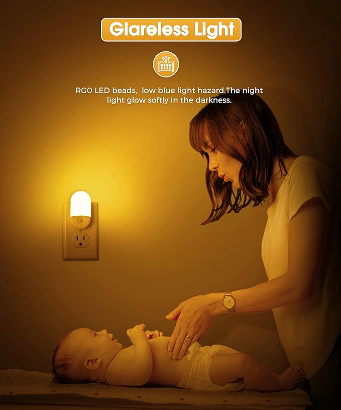 L LOHAS LED Amber Night Light, Night Lights Plug into Wall[2 Pack], 0.6W 2000K LED Night Light, Dusk to Dawn Sensor, 30/60LM Adjustable Brightness, Automatic Low Blue Nightlight for Kids, Bathroom