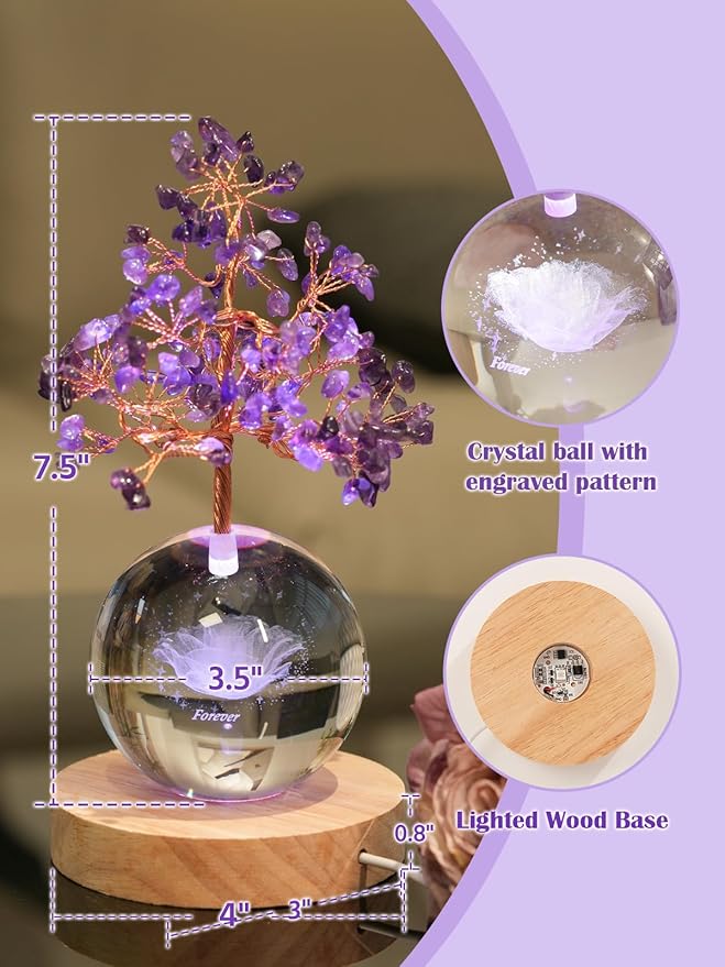 Amethyst Crystal Tree of Life for Positive Energy, Chakra Healing Tree with Remote Control Multicolor Night Light for Home, Office, Desk Decor, Purple Gift for Women, Girls (Rose)