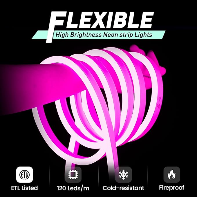 GZBtech Flexible LED Neon Rope Lights 33FT,AC 110-120V Waterproof Strip Light, 120 LEDs/M Cuttable Connectable Neon Lighting for Indoor Outdoor Home Decor/Commercial Building Use-Pink 10M, ETL Listed