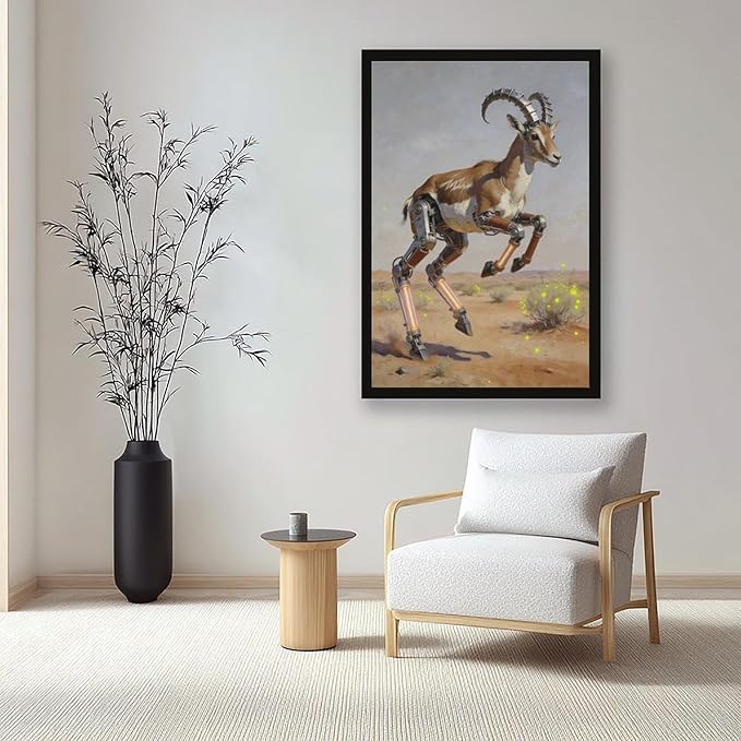 Framed Steampunk Mechanical Antelope Wall Art - Desert Futuristic Poster for Loft Living Room Decor 24x36in