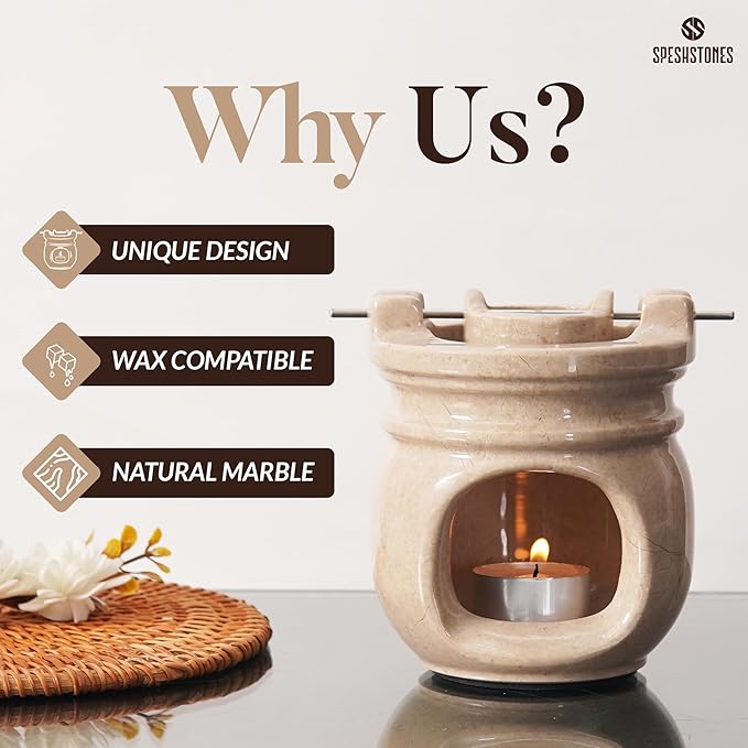 Marble Essential Oil Burner for Scented Oil 4.5 Inch Beige Wax Melt Warmer & Tealight Candle Holder for Home Decor, Stone Aromatherapy Diffuser for Office and Room Fragrance