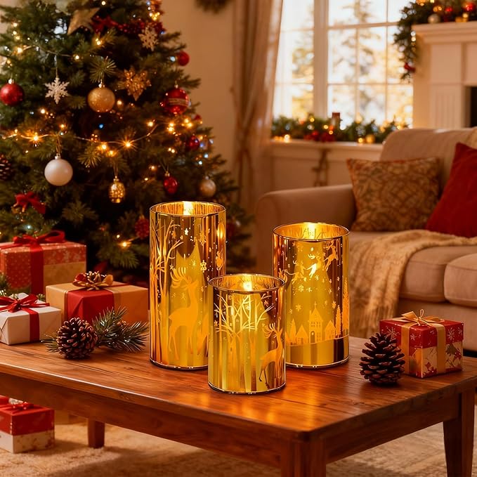 Wondise Christmas Gold Reindeer LED Flameless Candles with Remote Timer, Electroplate Glass Battery Operated Real Wax Flickering 3D Wick Pillar Candles for Christmas Holiday Home Decoration