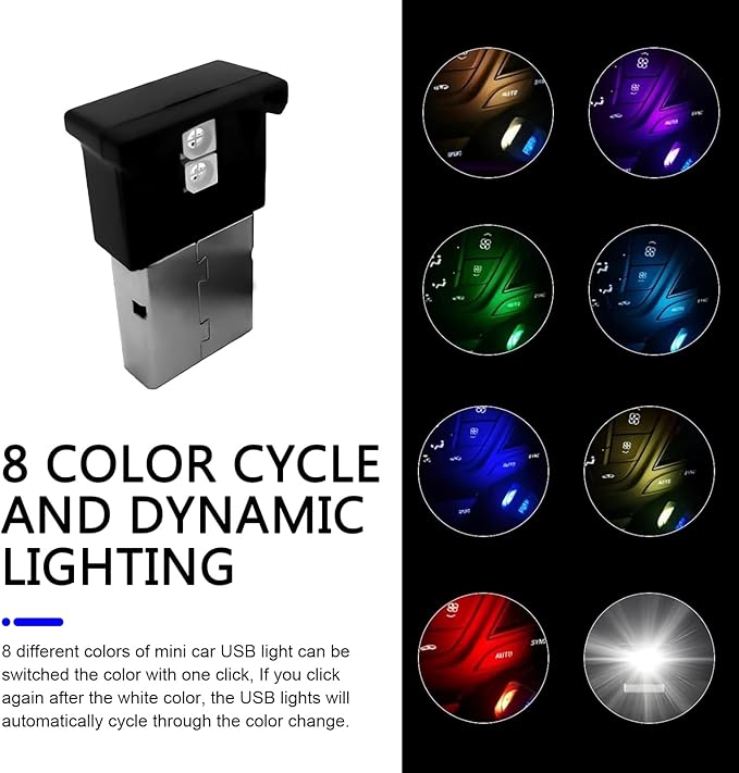 2PCS Mini USB LED Lights, 8 Colors Changeable Car Mini Ambient Lighting Car Interior, Adjustable Brightness RGB Light, Auto Interior Led, for Laptop Keyboard Home Office, Auto Accessory