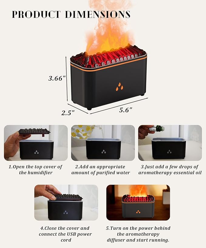 Essential Oil Diffuser, Flame Air Aromatherapy Diffuser, 7 Color Changing Light, Aromatherapy Humidifier with Auto Shut-Off for Home, Bedroom, Yoga, Spa(Black)