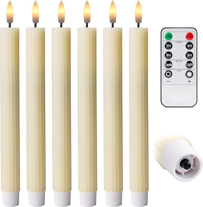 6 Pack, 10" LED Flameless Ivory Fluted Ribbed Grooved Taper Candles, Remote & 24h Timer Memory, On/Off Button, Dimmable, Flicker Mode, Battery Operated, Christmas Menorah Wedding