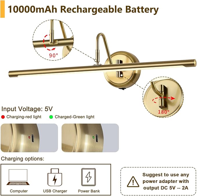 JOOSENLUX Battery Operated Picture Lights Modern Wireless Wall Lights 24.4" Inch Dimmable Under Counter Lights for Kitchen with Swing Arm as Canvas Wall Sconce Light Brass 3000K CRI95+