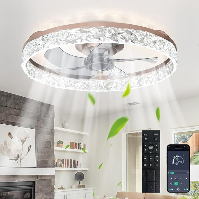 Depuley Bedroom Ceiling Fans with Lights: 20" Modern Low Profile Flush Mount Bladeless Ceiling Fan with App Remote Control - Brown Fandelier for Living Room Kitchen Dimmable Quiet DC Motor