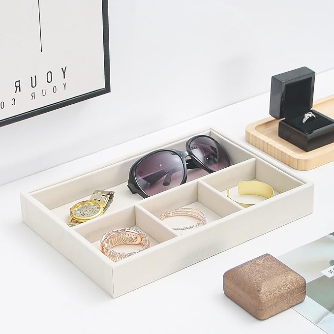 Beige 4Grid Bedside Organizer - Multi-use Holder for Desk, Nightstand, Drawer - Catchall Tray for Jewelry, Sunglasses, Phone, Watch, Perfume, Lipstick