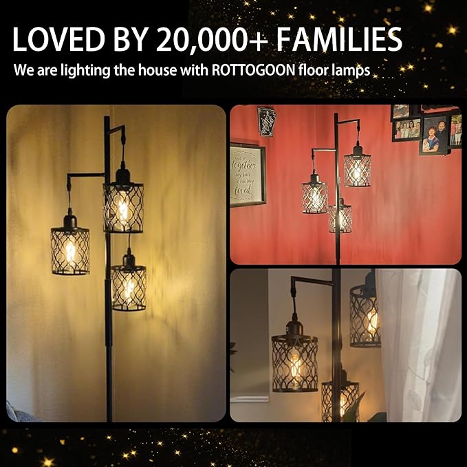68" Farmhouse Floor lamp, Dimmable Industrial Floor Lamps for Living Room, 3 Light Rustic Standing Tall Lamp Including 3 PCS 6W E26 Bulbs, Tree Floor Lamp for Bedrooms Room, Office, Bar, Brown