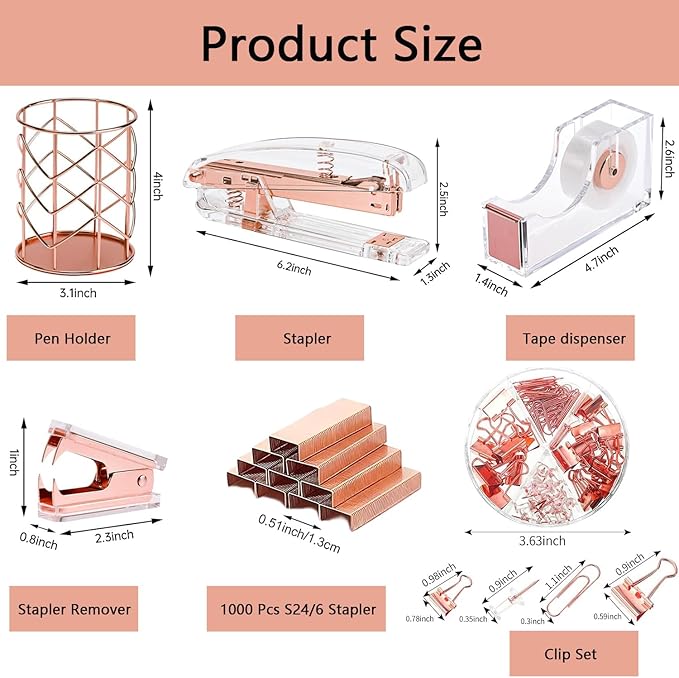 suniya Office Supplies,Desk Accessories,with Stapler,Tape Dispenser,Pen Holder Cup for Desk,Staple Remover,Scissor,Ballpoint Pen,Clear Tape, Staples,Phone Stand,Ruler,Binder,Best Gift Set(Rose Gold)