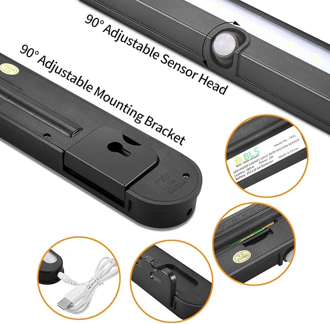 T01LB LED Closet Light - BLS Super Bright 20 LED Under Cabinet Lighting Battery Powered/DC Input Wireless Motion Sensing Light, Motion & Light Sensor, Light Beam Adjustable, Black(2 Pack)
