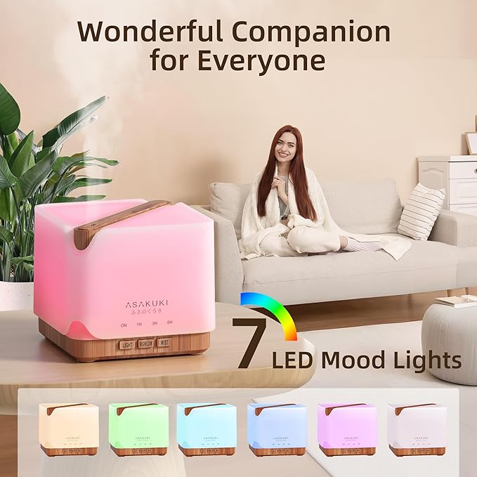ASAKUKI Essential Oil Diffuser for Home, Large 700 ml Humidifier with Automatic Shut-Off, Scent Aromatherapy Diffuser with 7 LED Lights for Living Room, Kitchen, Bedroom, Hotel - Yellow