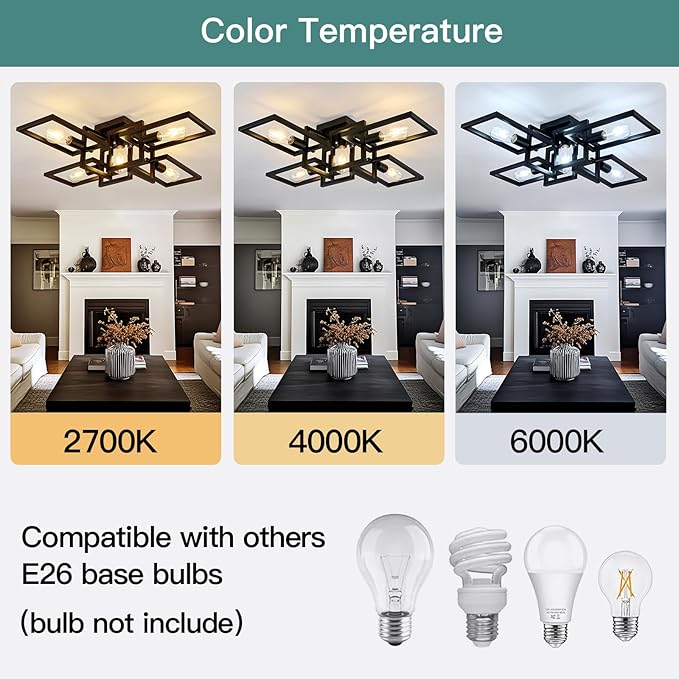 ZGLAOJT Black Industrial Semi Flush Mount Ceiling Light 5-Light Kitchen Light Fixtures Modern Large Matte Sputnik Chandelier for Dining Room Bedroom Farmhouse Living Room