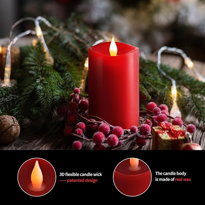 3x5 Flickering Flameless Candles Set of 1, 2AA Battery Life 600 Hours Battery Candles Flickering with Timer,5 inch Flameless Candles with Remote for Indoor/Outdoor, Red