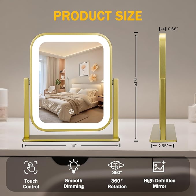 Vanity Mirror with Lights, 1500mAH, 10"×9" Makeup Mirror with Lights, Smart Touch with 3-Color Lighting, 360° Rotation, Portable LED Desk Mirror, Bedroom (Gold)