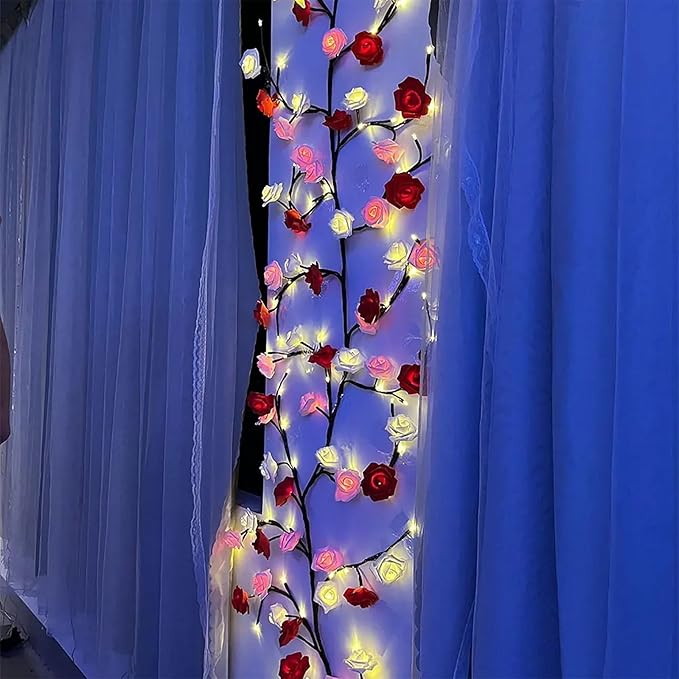 Rose LED Tree Branch Lights for Wall, Rose Flower Willow Vine Twig Decor Garland with 48 LED Lights and Remote,8 Lighting Modes,Christmas Decorations Indoor for Home Wall Door Window (47inch)