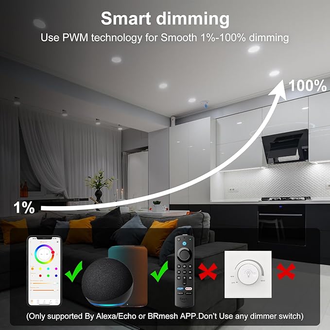 Smart Recessed Lighting 4 Inch RGBCW Color Changing 12W LED Recessed Ceiling Light with Junction Box,2700 K-6000K,1080LM Canless Downlight Compatible with Alexa,Dimmable by Bluetooth Control (4 Pack)