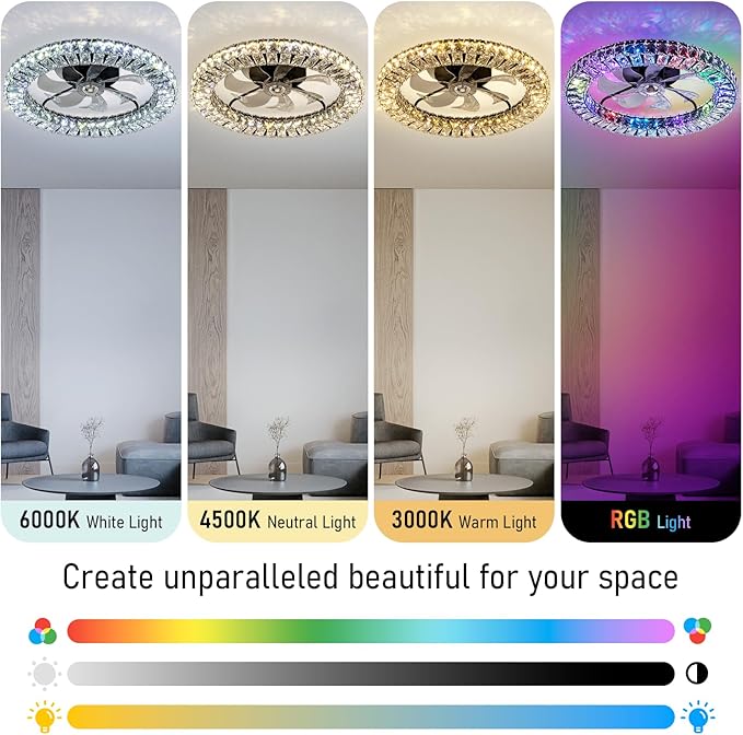 RGB Ceiling Fans with Lights, 22" Low Profile Ceiling Fan with Light,Smart Bladeless LED Fan Light with Remote/APP Control,Black Ceiling Fan for Bedroom