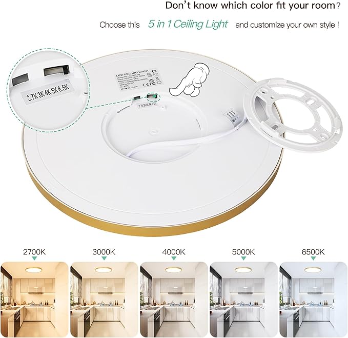 Brightever Gold LED Flush Mount Ceiling Light Fixture, 12 Inch 24W, Super Slim 0.67 Inch 3200LM LED Ceiling Lights, Dimmable & 2700K-6500K 5 Color in One Ceiling Lamp for Bedroom, Porch, 2 Packs