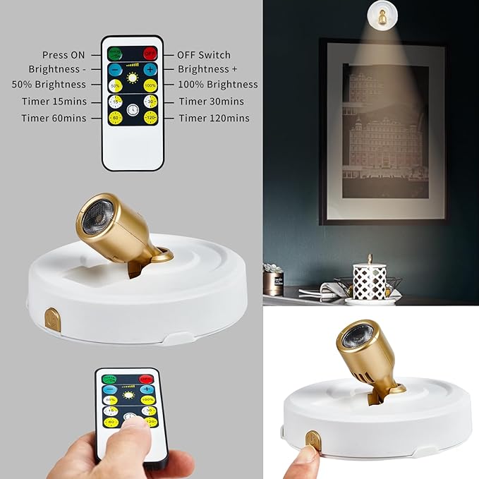 Wireless Spotlight Battery Operated with Remote Control, 2-Pack Under Cabinet Closet Light with Timer Function for Under Counter, Shelf, Bookcase, Cabinet, Paintings, Pictures, Accent
