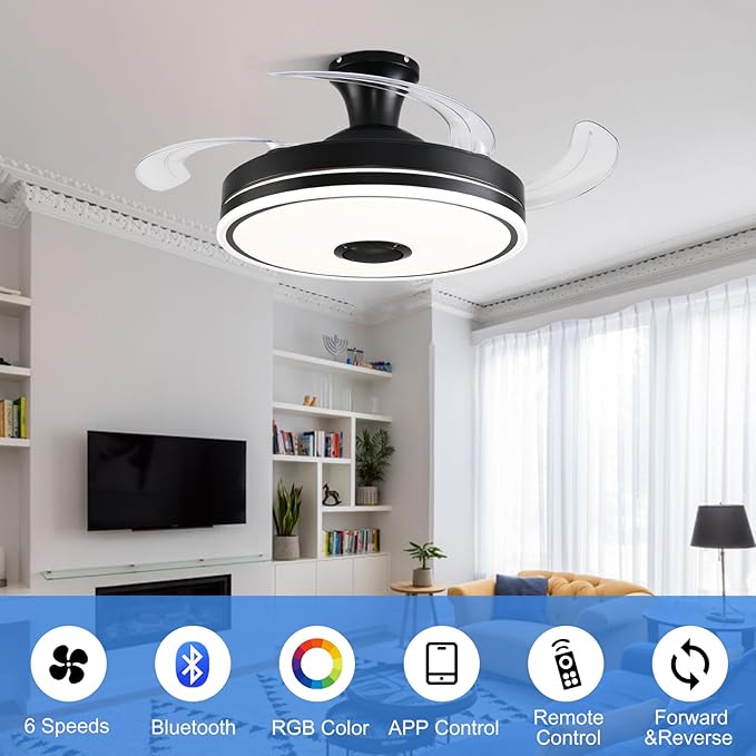 42'' Retractable Ceiling Fan with Lights, Smart Ceiling Fan Light with Bluetooth Speaker, App Control for Dimming & RGB Color Change Reversible Bedroom Living Room