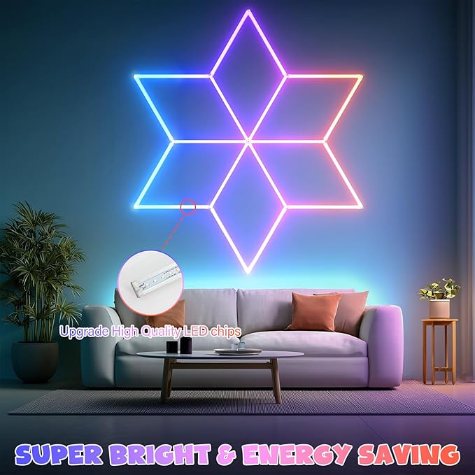 Hexagon RGB Garage Lights, Multicolor LED Lights with Music Sync, 358 Dynamic Effects, Dimmable & Speed Control for Gaming Rooms, Bars, Studios, Home Gyms