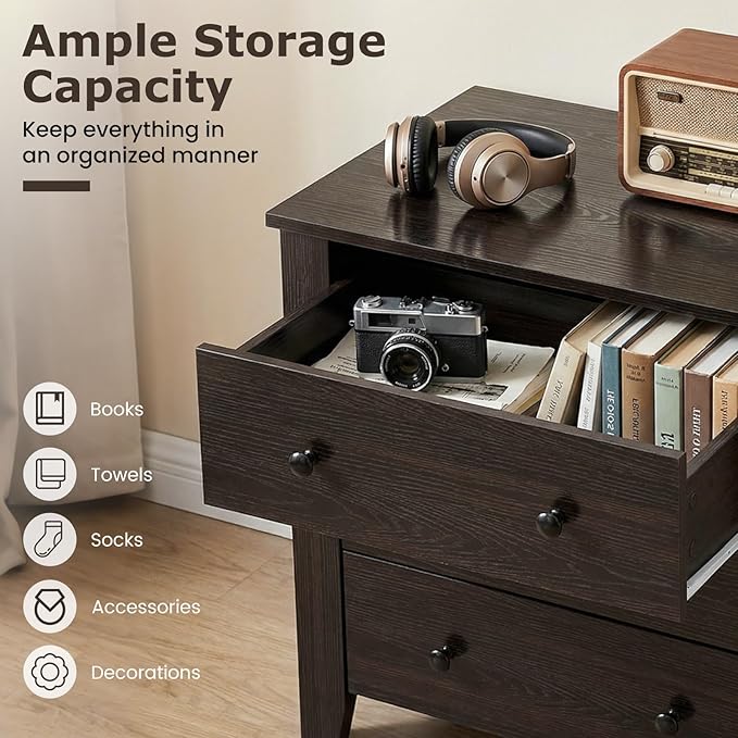 Giantex Small 3-Drawer Dresser for Bedroom - 28.5” x 18” x 26” Wide Chest of Drawers, Modern Large Nightstand, Storage Cabinet, Closet Storage Organizer for Living Room, Hallway (Brown)