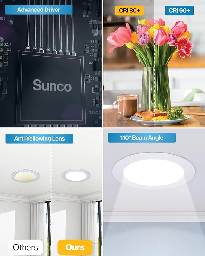 Sunco 48 Pack Recessed Lighting 6 Inch LED, Canless Ceiling Lights Slim with Junction Box, 850 LM, 14W (100W Equivalent), 4000K Cool White, Dimmable, Wafer Thin, 50000 Lifetime Hours ETL