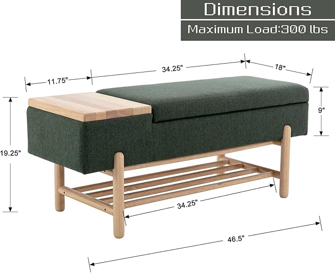 Modern Entryway Storage Bench, Upholstered Shoe Ottoman Bench, Flip-Top End of Bed Bench with Wood Shelf/Coffee Table for Living Room/Bedroom/Hallway/Under Window,46.5 Inches,Green Linen
