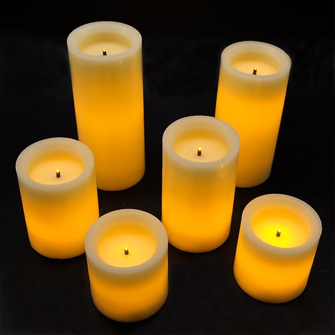 DRomance Flameless Flickering Candles Battery Operated with 10-Key Remote and Timer, Set of 6 Real Wax Optical Fiber Wick Warm Light LED Pillar Candles Christmas Decoration(Ivory, D3" x H3"4"5"6"7")