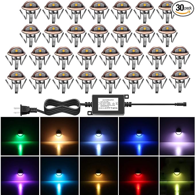 LED Stair Light Low Voltage Waterproof IP65 Outdoor F1.38 Wood Multicolored RGB Recessed LED Deck Lighting Yard Garden Patio Step Landscape Pathway Decor Lamp, Bronze(30pcs, RGB)