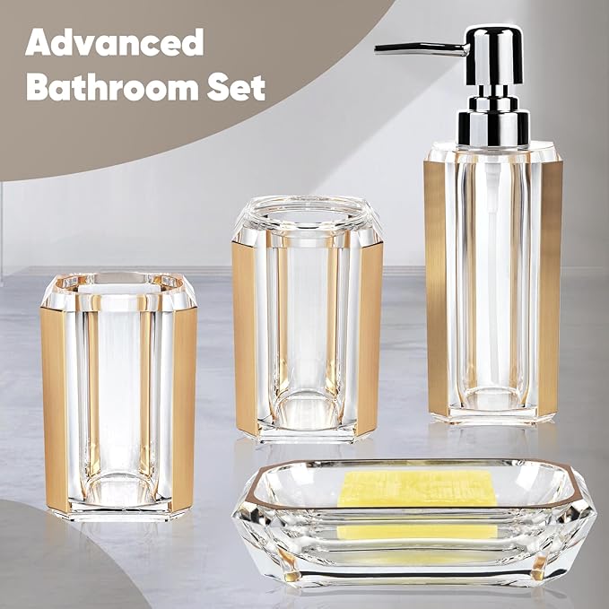 4-Piece Gold Bathroom Accessories Set — Soap Dispenser, Soap Dish, Mouthwash Cup & Toothbrush Holder, Acrylic with Brushed Gold Accent, Luxury Bathroom Vanity Countertop Organizer for Home